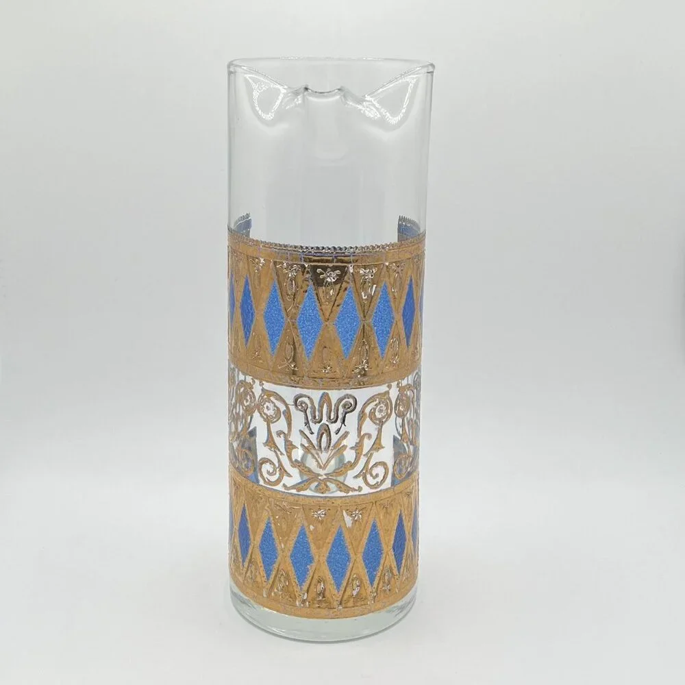 Vintage MCM West Virginia Glass Rainer 22K Gold & Blue Martini Pitcher Rare